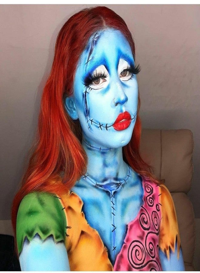 Honlley Halloween Sally & Corpse Bride Makeup Kit Costume Women - Light Blue Water-Based Face Paint Washable, Red Lip Stick, Black Eyeliner, False Lashes,White Eyeshadow | Cosplay Party SFX Makeup Set - Image 4